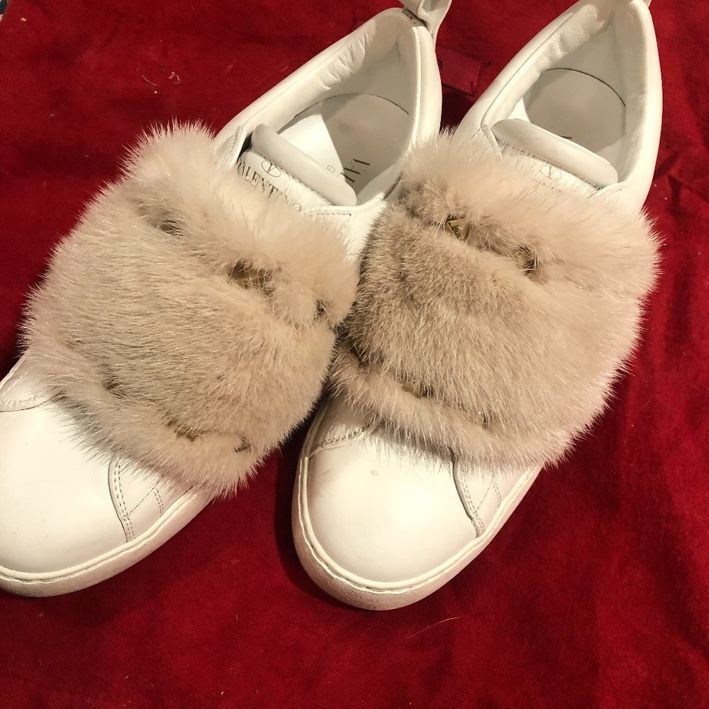 Valentino White Pink Mink Fur Studded Sneakers